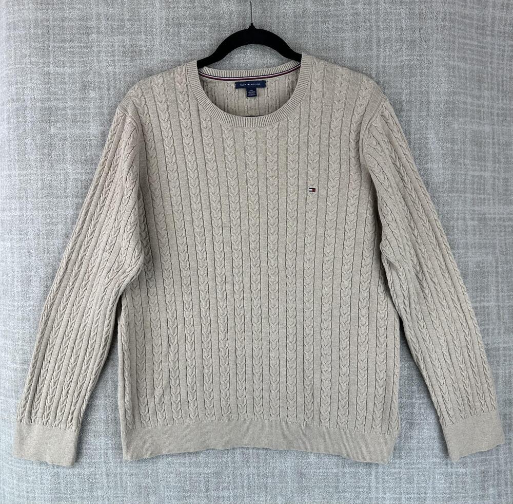 Tommy Hilfiger Sweater Unisex XXL Beige Cable-Knit Logo Pullover 100% Cotton
